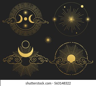 Set of decorative design elements. Moon, sun, planets and stars. Vector templates.