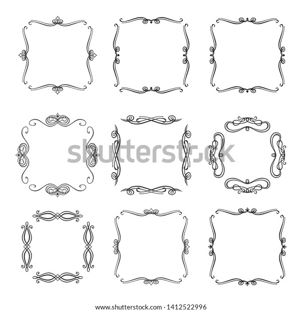 Set of decorative design elements. Nine\
square square hand-drawn frames. Vector frames with curls on a\
white background.