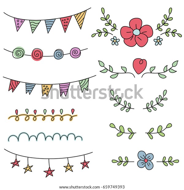 Set of decorative design elements on white\
background. Birthday, party\
invitations.