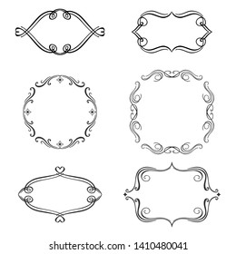 Set of decorative design elements. Six hand-drawn frames. Vector frames with curls on a white background.