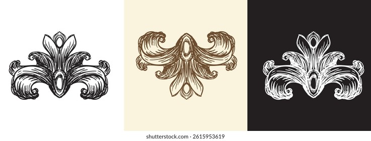 Set of decorative design elements. Vintage damask, baroque filigree wedding scroll floral ornaments. Engraving retro pattern. Vector illustration. For decoration, cards, invitation
