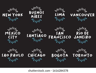 Set of decorative design of major cities in the world. Vector illustration.