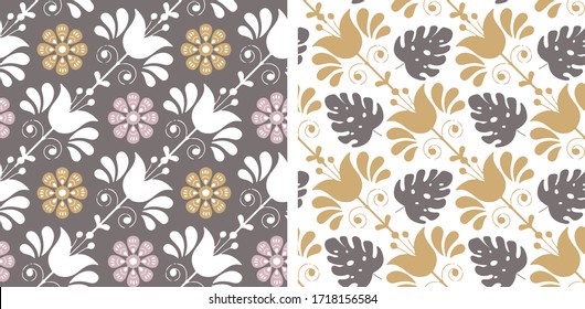 Set of decorative diagonal flowers and leaves in brown, white and pink, vector seamless patterns