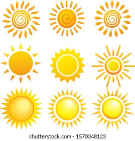 Set of decorative different sun icons isolated on white background.