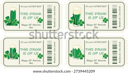 set of decorative discount coupons, namely for free beer in glasses of various shapes with clover leaves next to it, coupon design for St. Patrick's Day