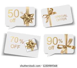 Set of decorative discount tags for Christmas ale design. Vector illustration. Holiday card with gold bow isolated on white