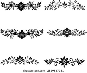 A Set of Decorative Divider Line Symmetric Ornamental Border Floral Motif Abstract Flourish Filigree Elements