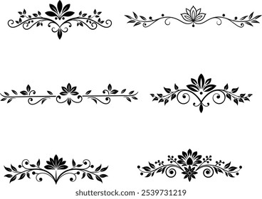 Un conjunto de línea divisoria decorativa Simétrica Ornamental Borde Floral Motivo Abstractas Florecer Elementos de filigrana