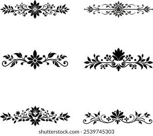 Un conjunto de línea divisoria decorativa Simétrica Ornamental Borde Floral Motivo Abstractas Florecer Elementos de filigrana