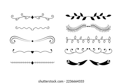 Conjunto de separadores decorativos, bordes, líneas para la decoración de texto. Ilustración del vector