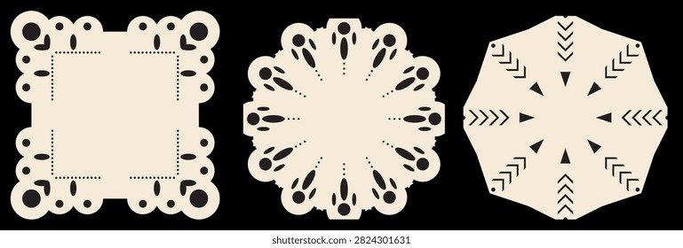Set of decorative doily shapes with intricate laser cut outwork patterns ornament geometric