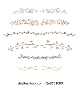 set of decorative doodle branches. six different branches and symmetrical reflection. white background