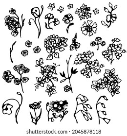 Un conjunto de flores de doodle decorativas. Sublimación de flores y hojas. Sombra y silueta.Línea gráfica negra.Ornamentos, trazos y rizos.Hacer regalos, empaquetar. Una máscara en un diseño digital.