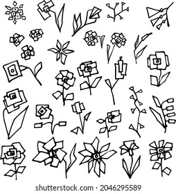 A set of decorative doodle flowers. Sublimation of flowers and leaves. Shadow and silhouette.Black graphic line.Ornaments, strokes and curls.Making gifts, packaging. A mask in a digital design.