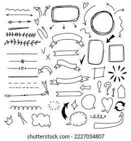 Set of decorative doodle lines, dividers, ribbons, banners and frames for text.Underline and navigation symbols.Hand drawn sketch elements