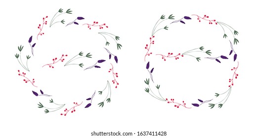 Set of decorative doodle wreaths of colorful flowers, berries and branches. Isolated objects on a white background. Vector stock illustration.