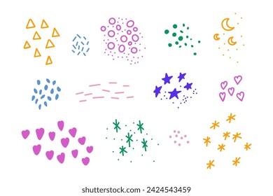 Set of decorative doodles, abstract geometric shapes. Childish colorful hand drawn vector illustration design
