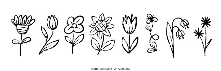 Conjunto de garabatos decorativos, flores estilizadas con textura. Vector gráfico.