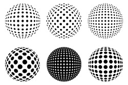 Set Of Decorative Dotted Spheres Isolated. 3D Style Abstract Balls With Circle Patterns. Vector Illustration