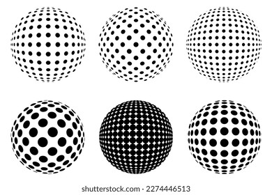 Set of Decorative Dotted spheres isolated. 3D style Abstract balls with circle patterns. Vector illustration