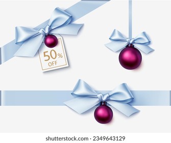 Set of decorative dusty blue bow and red Christmas ball with horizontal and corner ribbon isolated on grey. Beautiful New Year decoration for your design. Vector stock illustration.