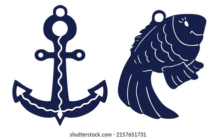 Un conjunto de pendientes decorativos para cortar. Ancla y pescado