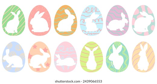 set of decorative Easter eggs with bunny silhouettes. Vector graphics, elements for design and traditional game of Easter egg search.
