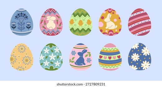 A set of decorative Easter eggs with floral patterns, bunnies, and chicks. Perfect for holiday themes, celebrations, and decorating festive events.
