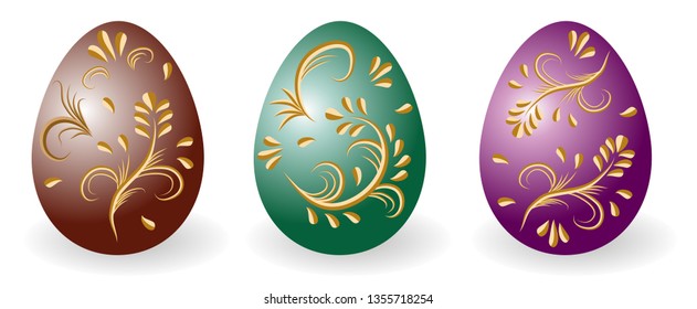 Set of decorative Easter eggs ornate with golden vintage pattern. Paschal eggs Faberge, traditional gift for Easter holiday. Isolated objects, vector illustration