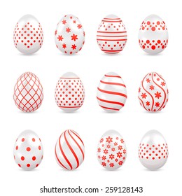 Set of decorative Easter eggs with red patterns isolated on white background, illustration.