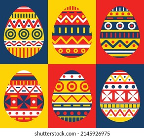 Set of decorative Easter eggs. Stylish poster for the holiday of Easter. Vector illustration.
