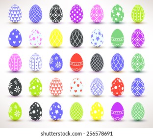 Set of decorative eggs in flat stile on white background. Easter collection. Vector illustration.