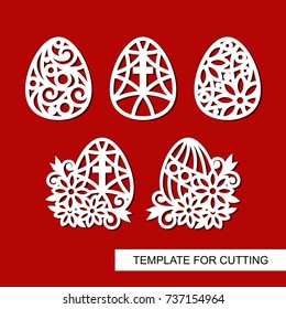 Set Of Decorative Element - Easter Eggs With Flowers And Cross. Template For Laser Cutting, Wood Carving, Paper Cut And Printing. Vector Illustration.