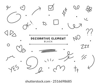 A set of decorative element. Hand drawn doodle. Simple Flat Symbol Icon. sparkle, flower, love, arrow, ok, checklist.