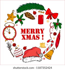Set of decorative element Merry Christmas and Happy New year hand drawn vector print. Winter pattern.Clock, Santa hat,christmas ball,candle, toys, holly, spruce, bow in the form of a circle
