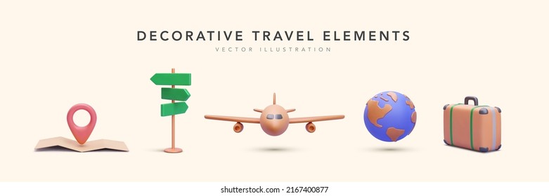 Set Of Decorative Elements In 3d Realistic Style Map, Road Sign, Airplane, Planet, Suitcase. Vector Illustration