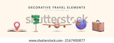 Set of decorative elements in 3d realistic style map, road sign, airplane, planet, suitcase. Vector illustration