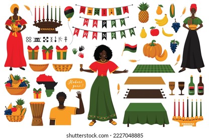 Set of decorative elements for African American holiday Kwanzaa. Women in dresses, Candleholder, Kinara, fruits, gift boxes, mkeka, drum, cup, bottle, signs of principles. Isolated vector illustration