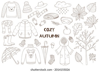 A set of decorative elements. Autumn, forest. Warm clothing, umbrella, mittens, rubber boots, leaves. Design collection of outline doodles. Black and white vector illustration. Isolated on white