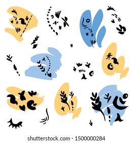 The set of decorative elements in black color on a white background. Isolated elements for designs and prints, colorful spots. The hearts, stars, rounds. Simple and elegant, tribal, ethnic design