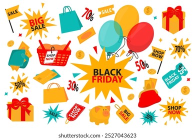 Um conjunto de elementos decorativos para o feriado da Black Friday. Venda. Caixas de presente com arco, balões, saco de compras, cesta, etiquetas e rótulos, bolsa e partmen, queda de dinheiro.