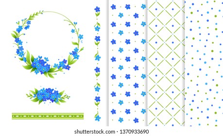Set of decorative elements. Blue flowers wreath, flower border, background seamless patterns. Simple style. Forget me not.