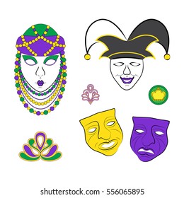 Set of decorative elements and carnival masks: women with beads, joker, sad and funny of Mardi Gras or Shrove Tuesday. Vector illustration.
