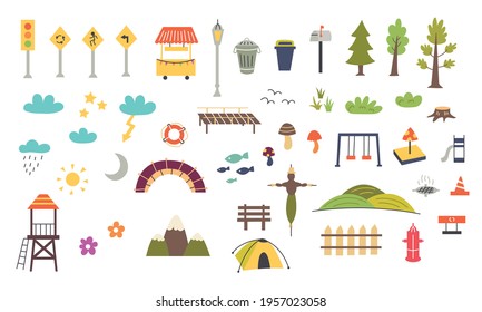 Set of decorative elements for children's map. Nursery design for the map creator. Vector illustration