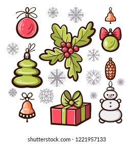 Set of decorative elements for Christmas and New Year. Vector illustration.