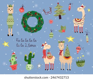 A set of decorative elements for Christmas and New Year. Llamas and alpacas in Christmas clothes. A wreath of branches, cones and leaves with berries. Cartoon characters. Cheerful catus in garlands