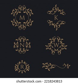 Set of decorative elements in classical style. Floral ornamental monogram frames and borders.