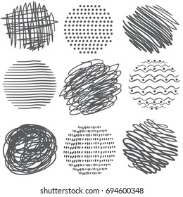 set of decorative elements. colored scribbled circles and circles with ornaments on color background.vector hand drawn illustration