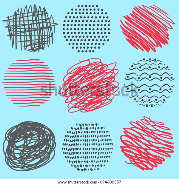 set of decorative elements. colored\
scribbled circles and circles with ornaments on color\
background.vector hand drawn\
illustration
