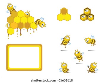 Set of decorative elements. Comical cheerful bees. Medical. Honeycombs.